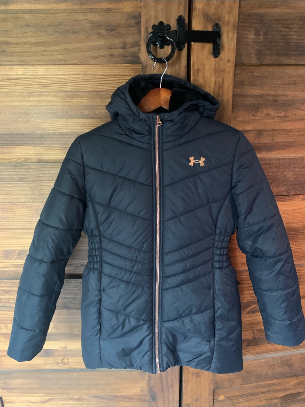 Under Armour Girls Black Puffer Jacket with Rose Gold Accents